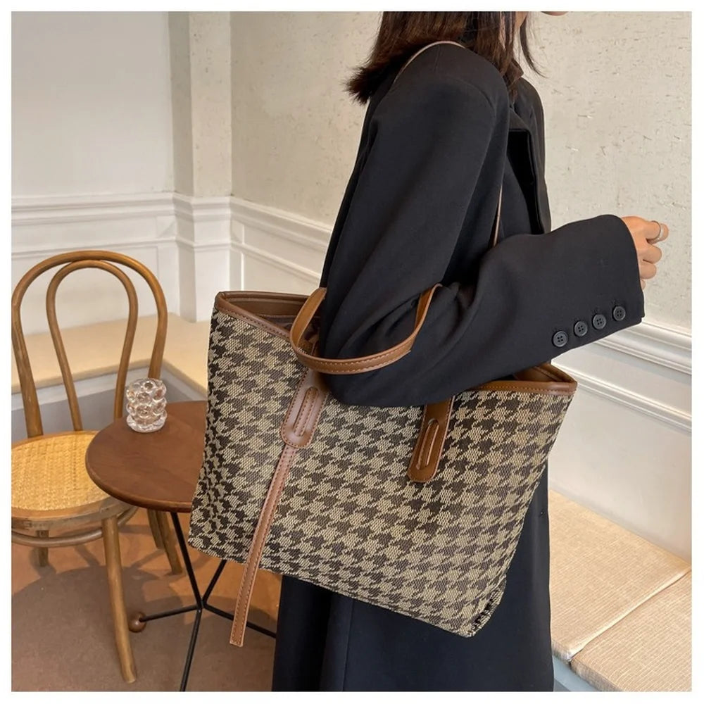 Houndstooth Large Canvas Tote Women Shoulder Bag Shopping Bag