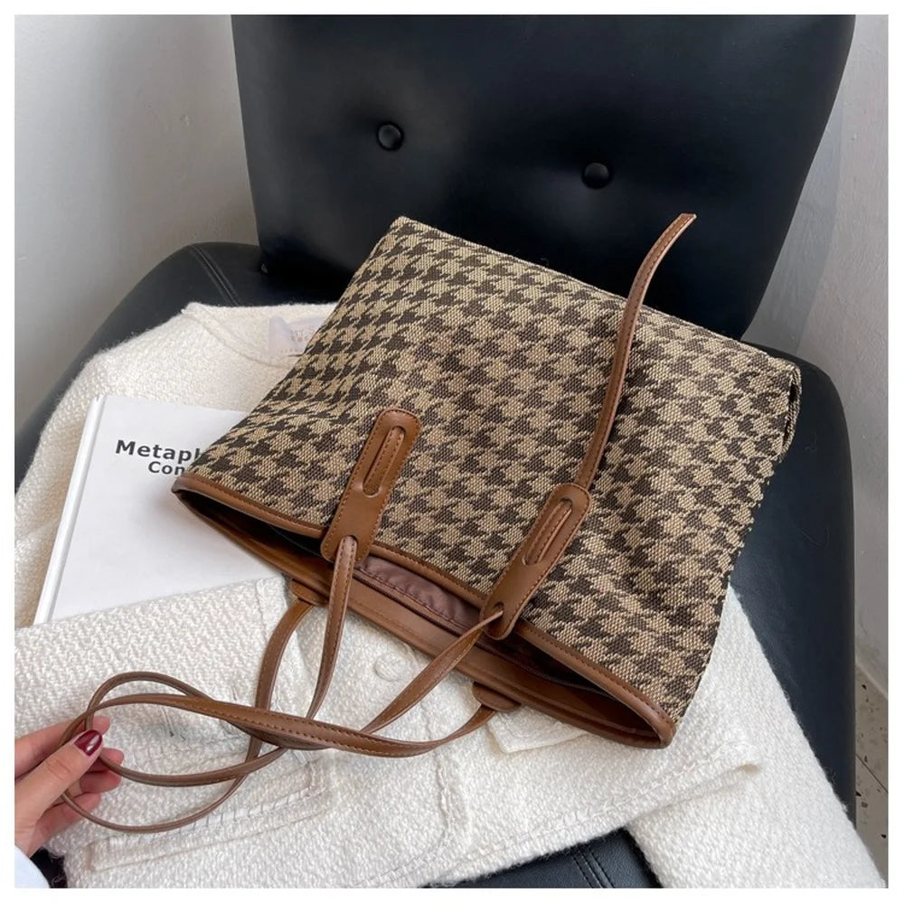 Houndstooth Large Canvas Tote Women Shoulder Bag Shopping Bag