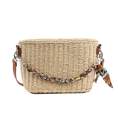 Straw Bucket Bag with Silk Scarf Handbag