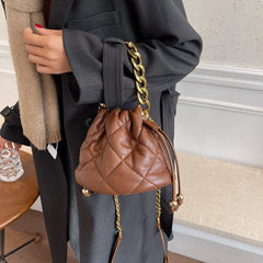 Lattice Pleated Bucket Bag Totes With Chain Handle PU Leather Women's Handbag