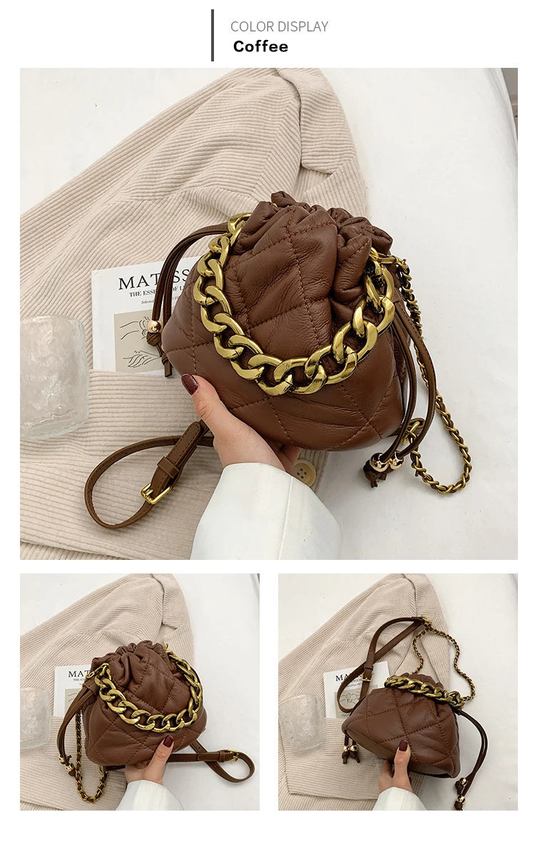 Lattice Pleated Bucket Bag Totes With Chain Handle PU Leather Women's Handbag