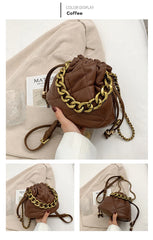 Lattice Pleated Bucket Bag Totes With Chain Handle PU Leather Women's Handbag