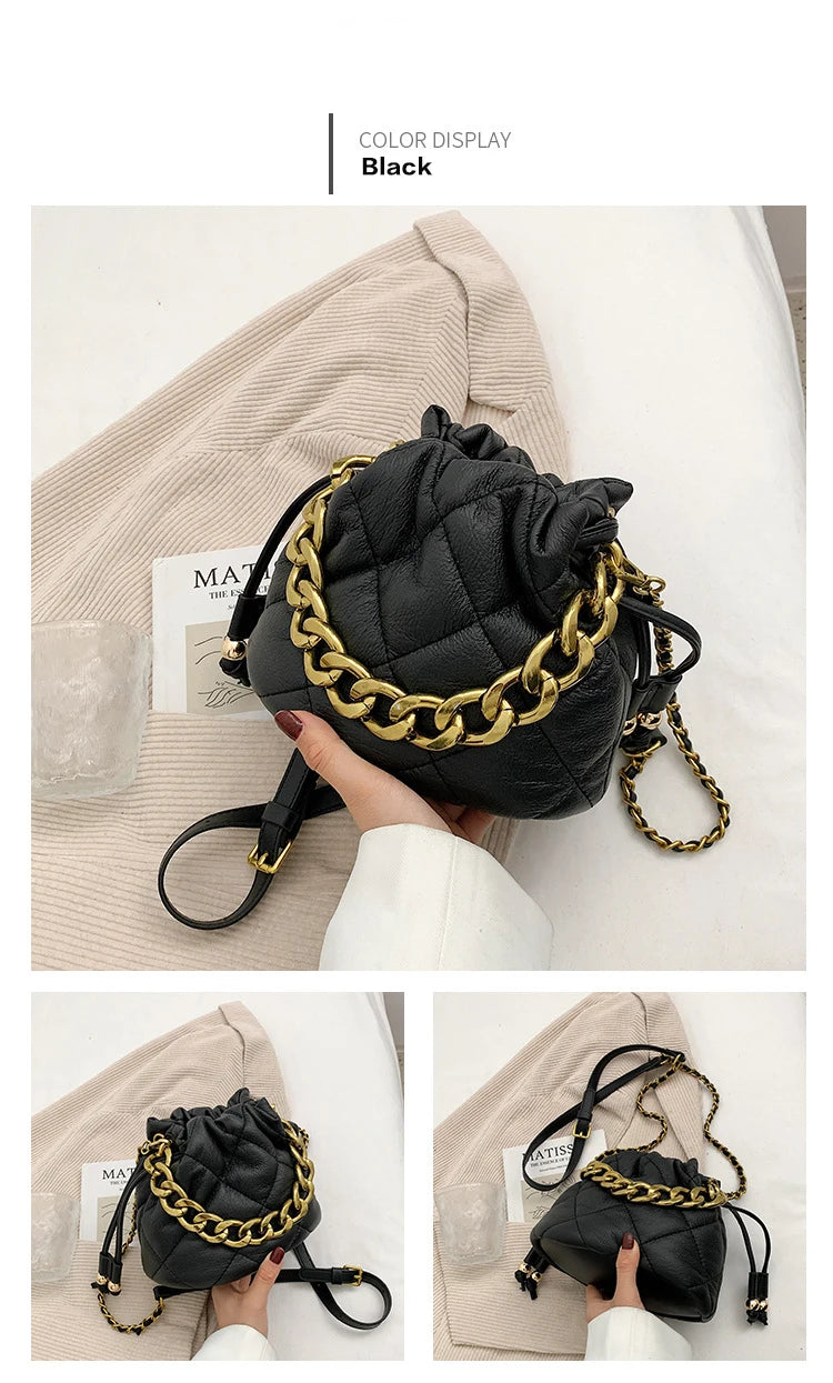Lattice Pleated Bucket Bag Totes With Chain Handle PU Leather Women's Handbag