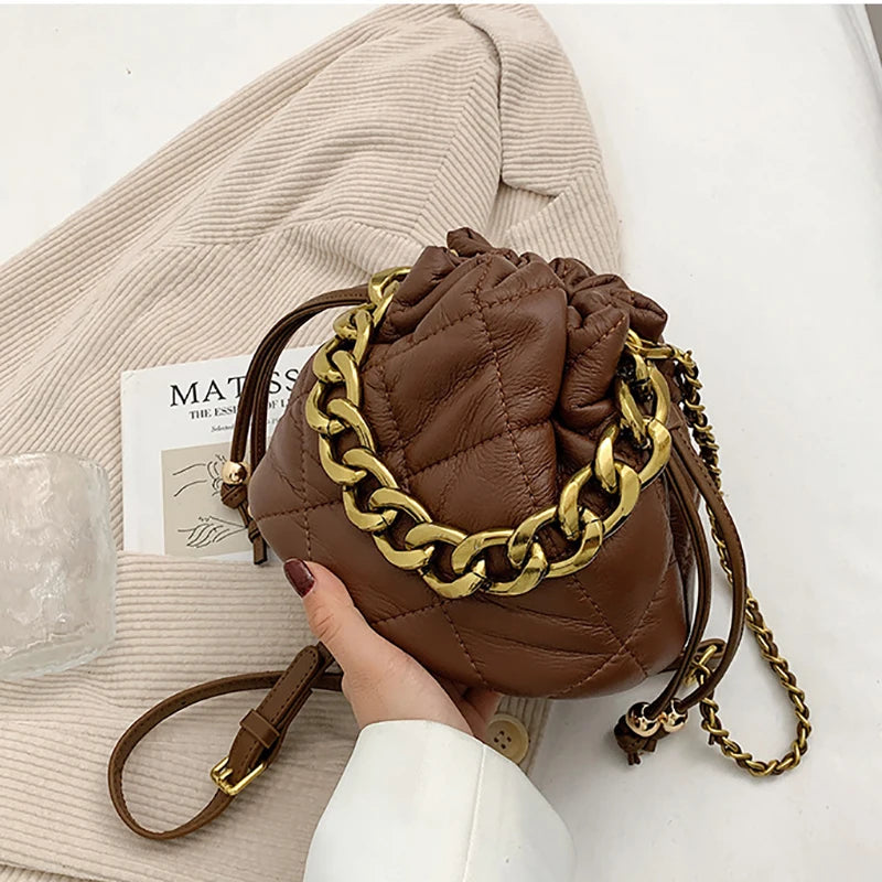 Lattice Pleated Bucket Bag Totes With Chain Handle PU Leather Women's Handbag