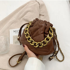 Lattice Pleated Bucket Bag Totes With Chain Handle PU Leather Women's Handbag