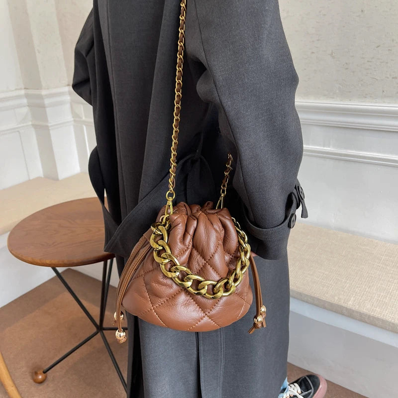 Lattice Pleated Bucket Bag Totes With Chain Handle PU Leather Women's Handbag