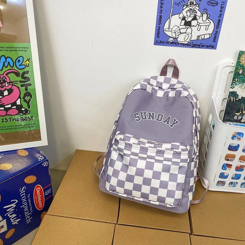 Printed Women Backpack Nylon Travel Bag Plaid Schoolbag Girls Bookbag