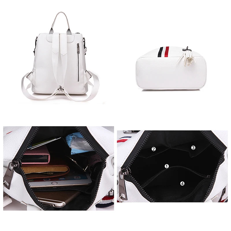 Women's Leather tassel Backpack Ribbon School Bags