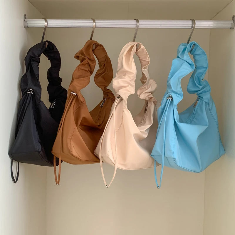 Nylon Women's Shoulder Bag with Pleated Drawstring Strap