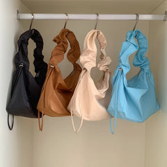 Nylon Women's Shoulder Bag with Pleated Drawstring Strap