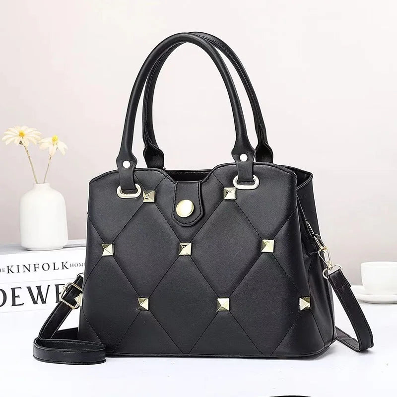 One-shoulder Diagonal Handbag with Rivet Embroidery Thread