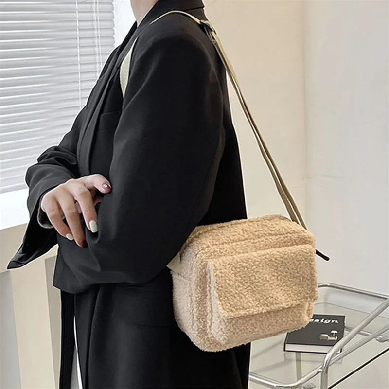 Plush Fabric Women's Shoulder Crossbody Bag Small Lambs Wool Fluffy Fur
