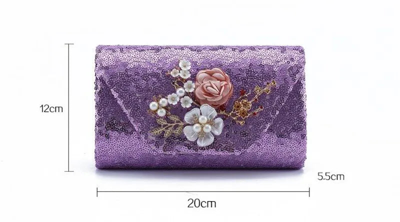 Purple Sequin Evening Clutch Bags Bling Flowers Wedding Clutch Bags