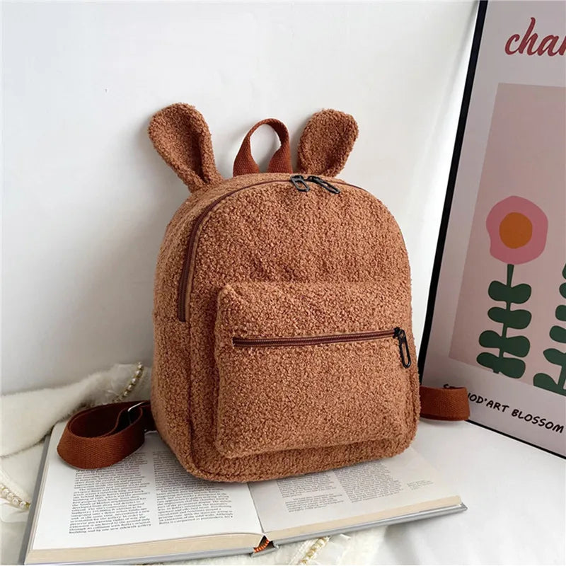 Rabbit Backpack Fluffy Plush School Bag with Bunny Ears Zipper