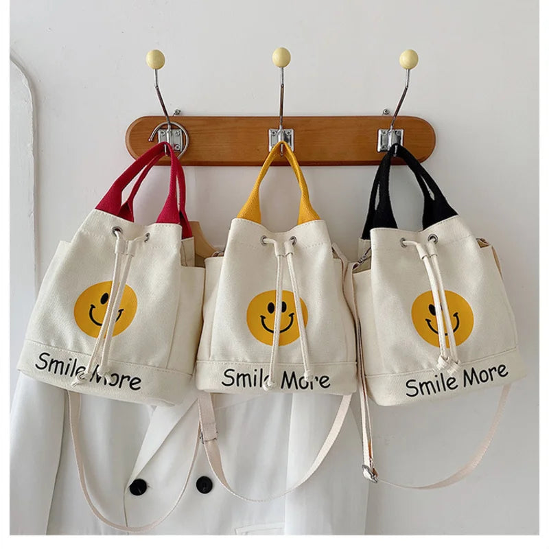 Canvas Messenger Bag Smiley Print Drawstring Handbag