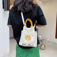 Canvas Messenger Bag Smiley Print Drawstring Handbag