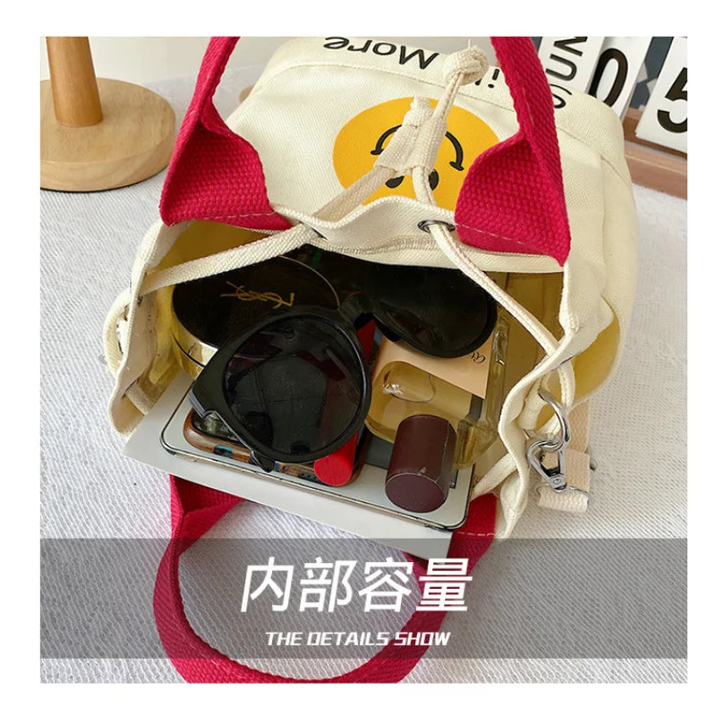 Canvas Messenger Bag Smiley Print Drawstring Handbag