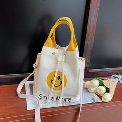 Canvas Messenger Bag Smiley Print Drawstring Handbag