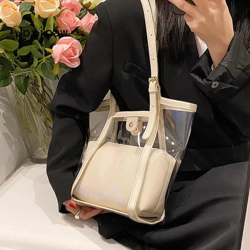 Summer PVC Transparent Bucket Bag for Women Large Capacity Handbag