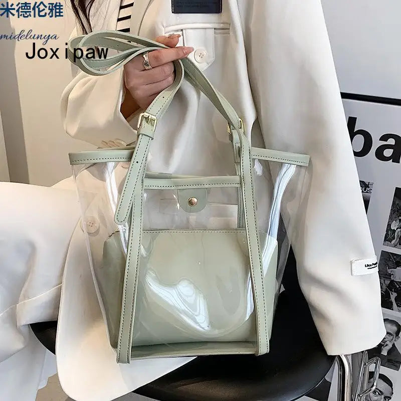 Summer PVC Transparent Bucket Bag for Women Large Capacity Handbag