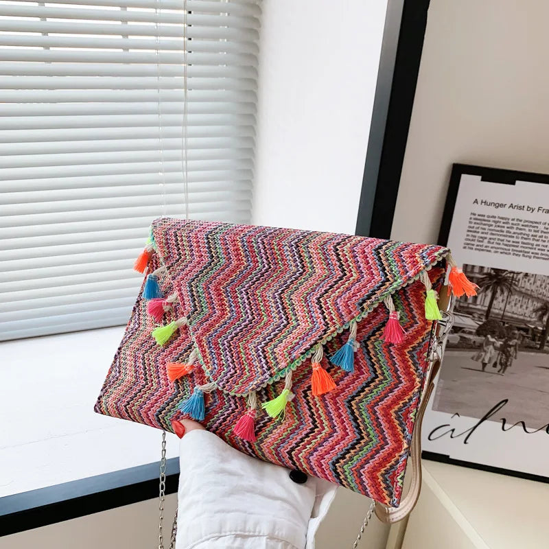 Ethnic Stripe Chain Shoulder Diagonal Bag