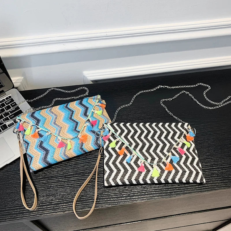 Ethnic Style Stripe Handbag Chain Shoulder Diagonal Bag