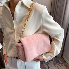 Plush Square Shoulder Bag with Thick Chain - Women's Handbag