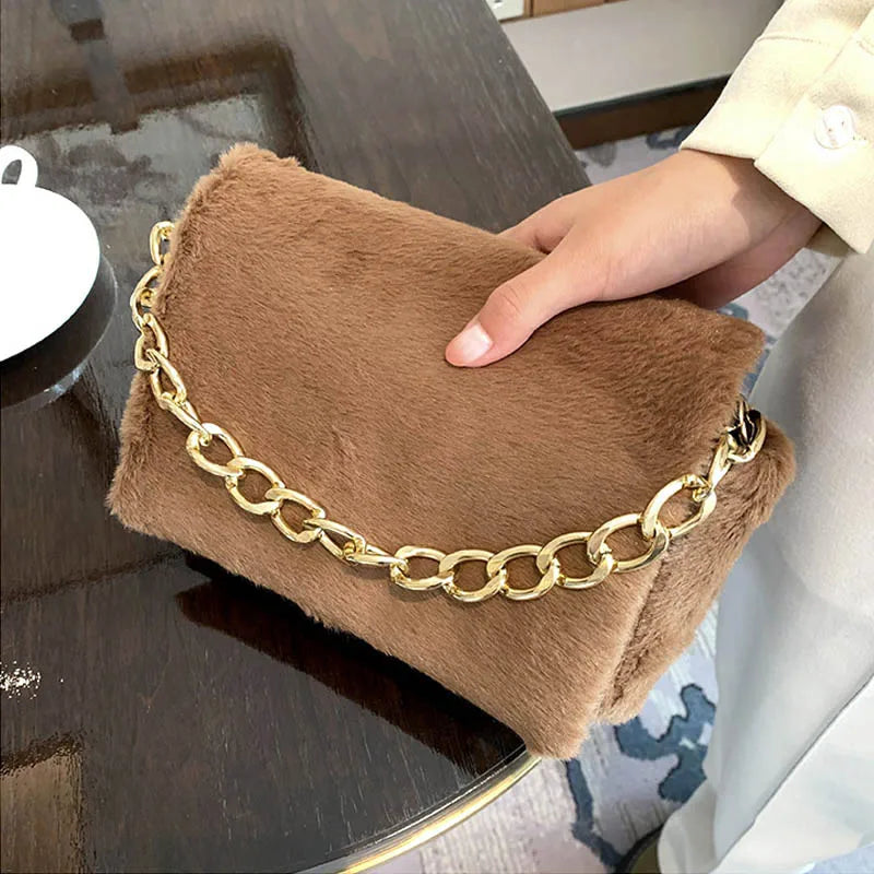Plush Square Shoulder Bag with Thick Chain - Women's Handbag