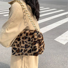 Plush Square Shoulder Bag with Thick Chain - Women's Handbag