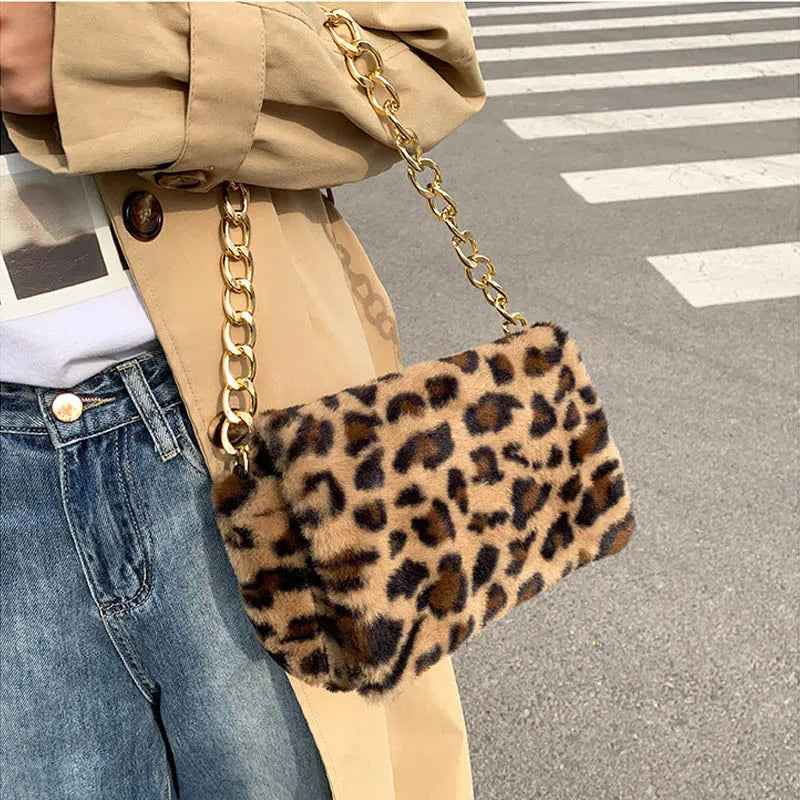 Plush Square Shoulder Bag with Thick Chain - Women's Handbag