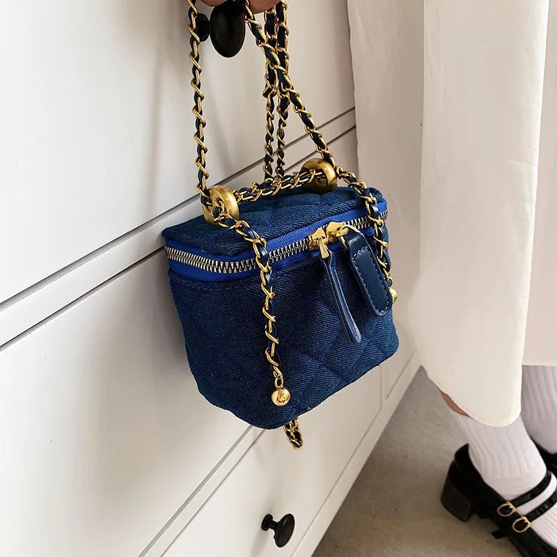 Denim Rhombus Chain Shoulder Bag Compact Portable Handbag