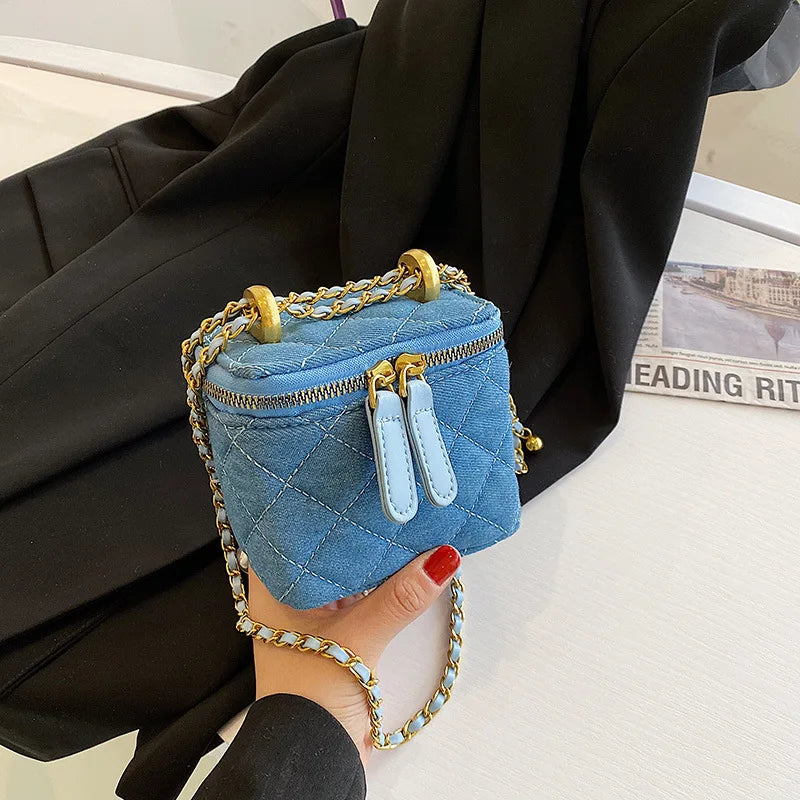Denim Rhombus Chain Shoulder Bag Compact Portable Handbag