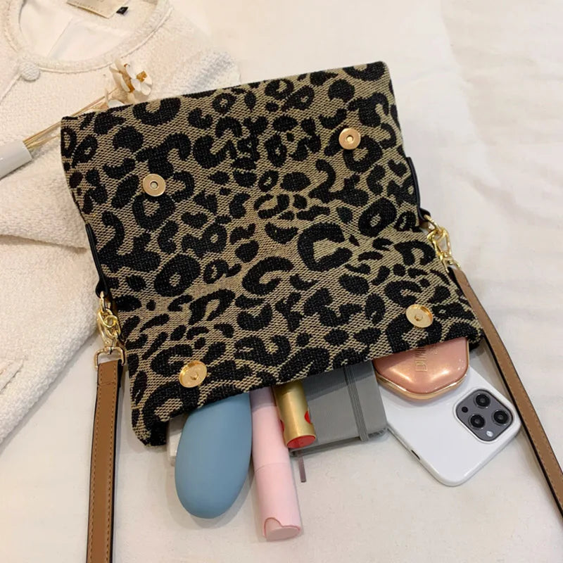 Vintage Leopard Handbags Canvas Chain Shoulder Bags Clutch