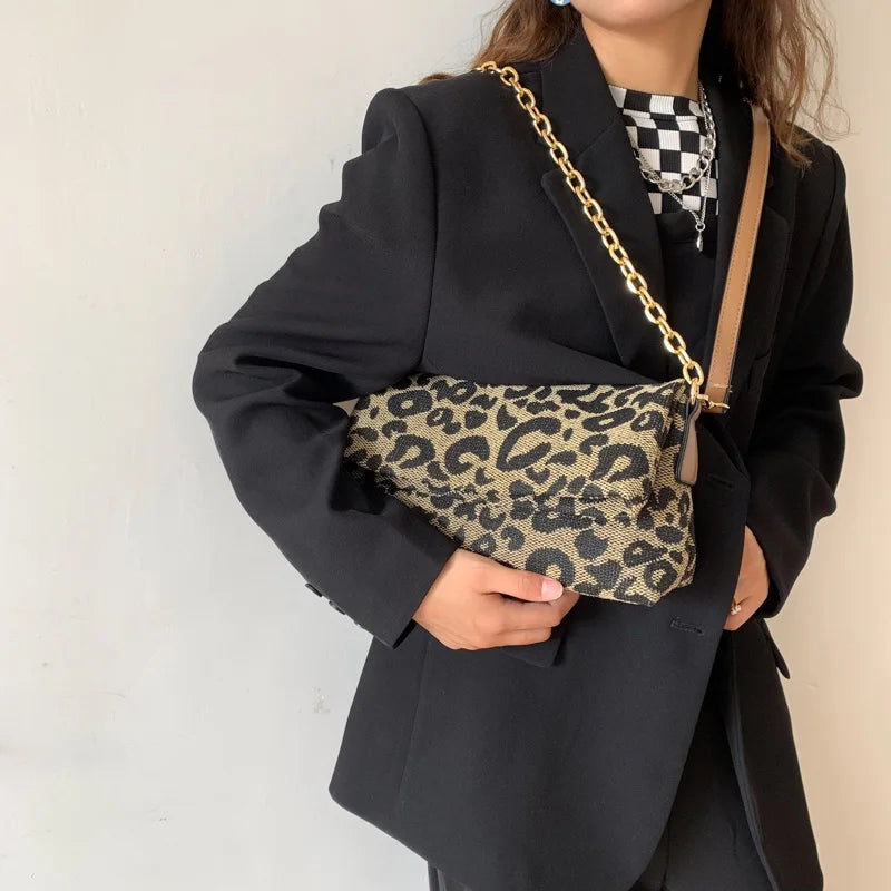 Vintage Leopard Handbags Canvas Chain Shoulder Bags Clutch