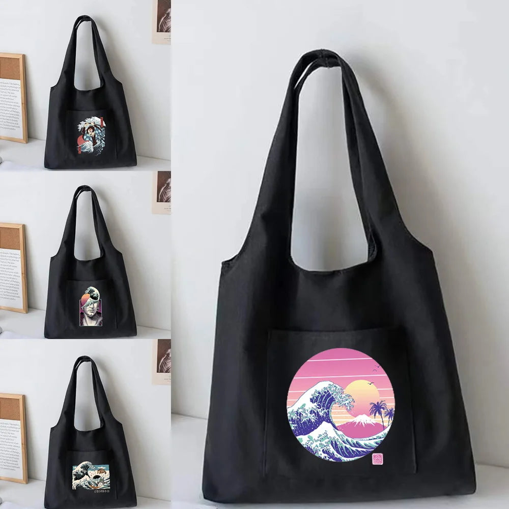 Wave Pattern Canvas Shoulder Tote Bag for Women