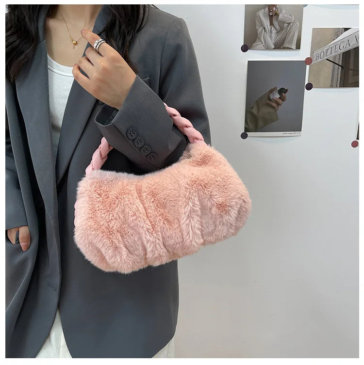 Winter Braided Handle Shoulder Bag Soft Plush Handbag Chain Bag