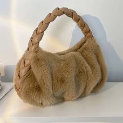 Winter Braided Handle Shoulder Bag Soft Plush Handbag Chain Bag