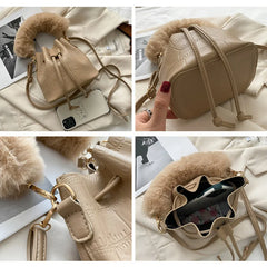 Winter Plush Top Handle Bag Small Bucket Crossbody Tote