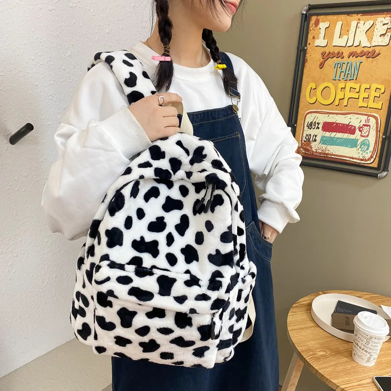 Winter Plush Backpack for Women Teenage Girls School Bag Cow Print Backpacks