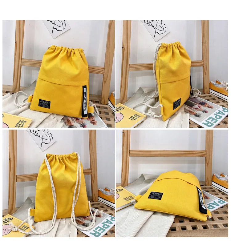 Casual Canvas Drawstring Backpack with Letter Pattern Closure