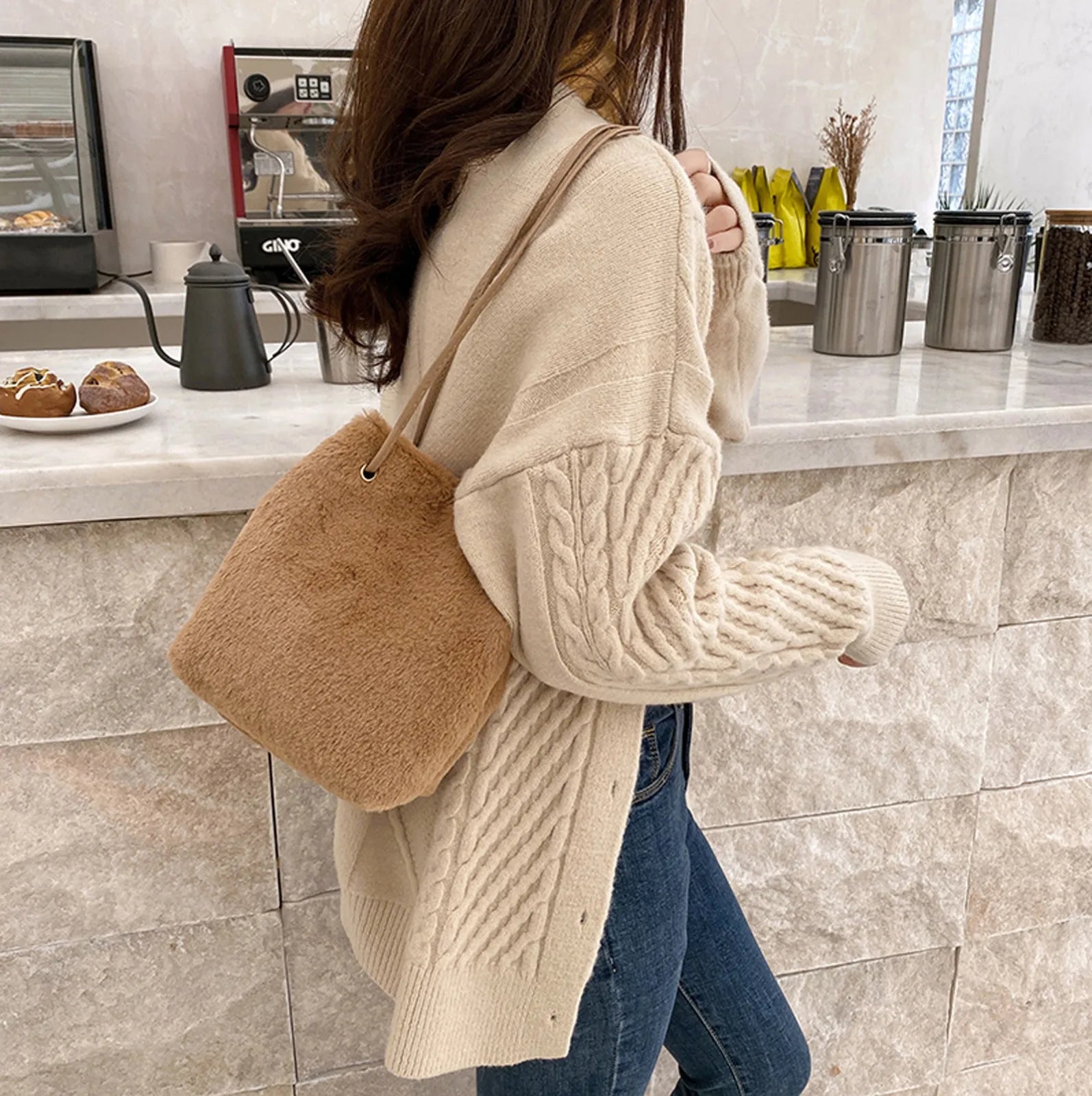 Plush Drawstring Bucket Crossbody Bag - Vintage Underarm Tote