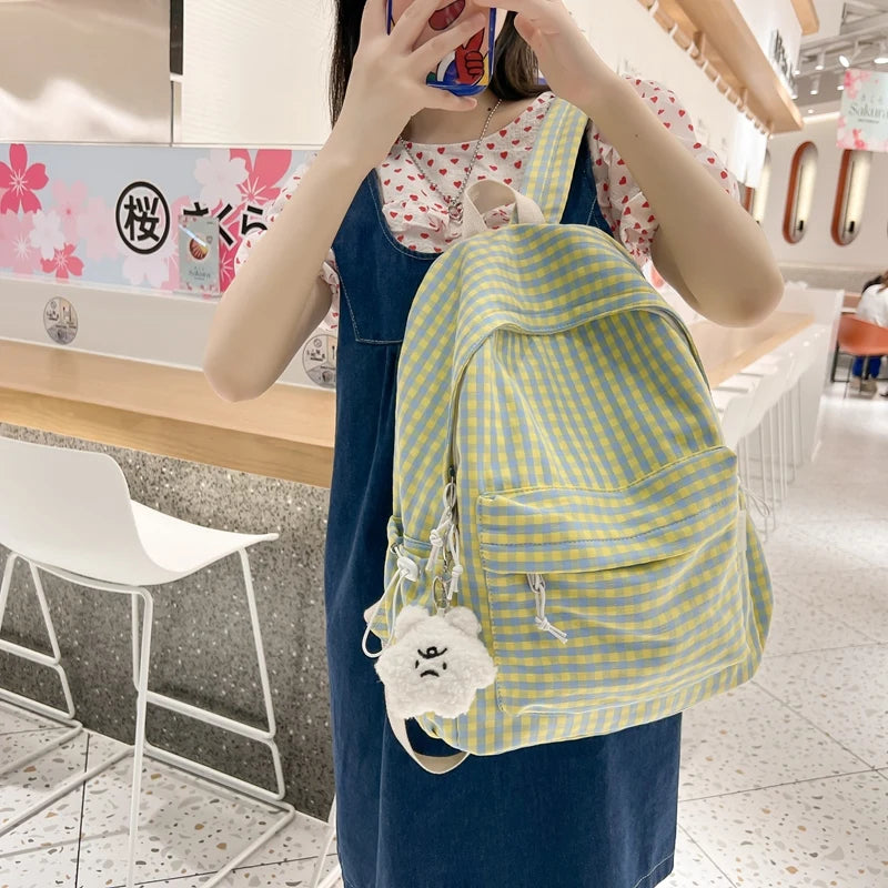 Women Plaid School Backpack Girls Travel Rucksack Ladies Large Capacity Bag