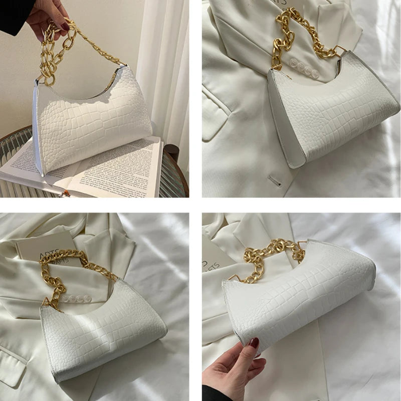 Women Crocodile Pattern Chain Handbag Solid Shoulder Bag PU Leather Tote