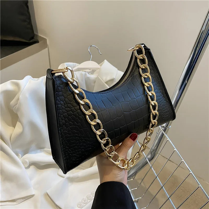 Women Crocodile Pattern Chain Handbag Solid Shoulder Bag PU Leather Tote