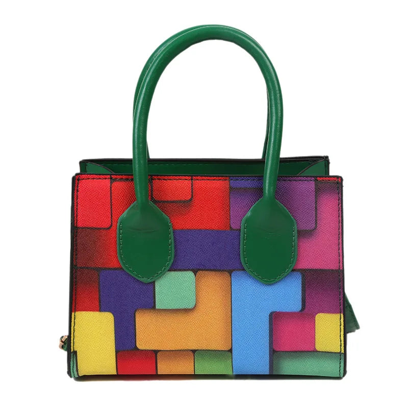 Women Mixed Block Square Bag Lady Casual Tote Shoulder Crossbody Bag