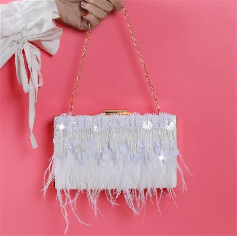 Feather Tassel Evening Bag Flowers Beads Banquet Bag Chain Drop MN1255