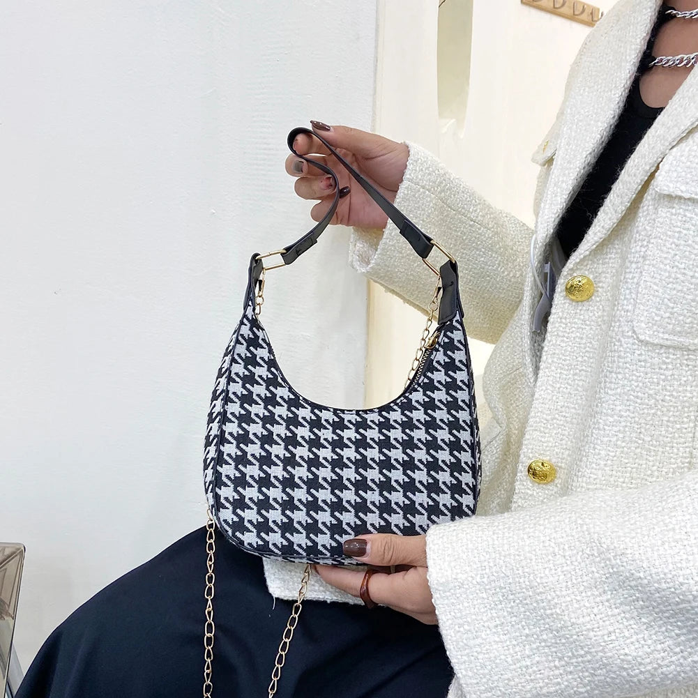 Women Pu Houndstooth Shoulder Bag Mini Casual Leather Zipper Chain