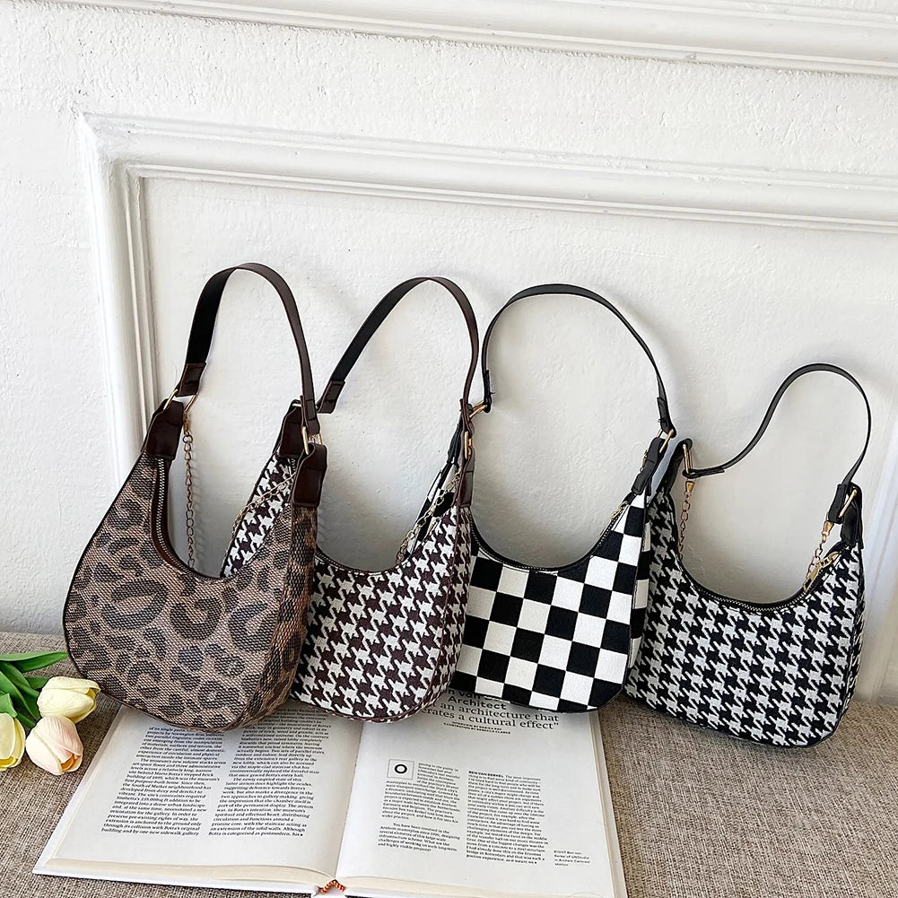 Women Pu Houndstooth Shoulder Bag Mini Casual Leather Zipper Chain