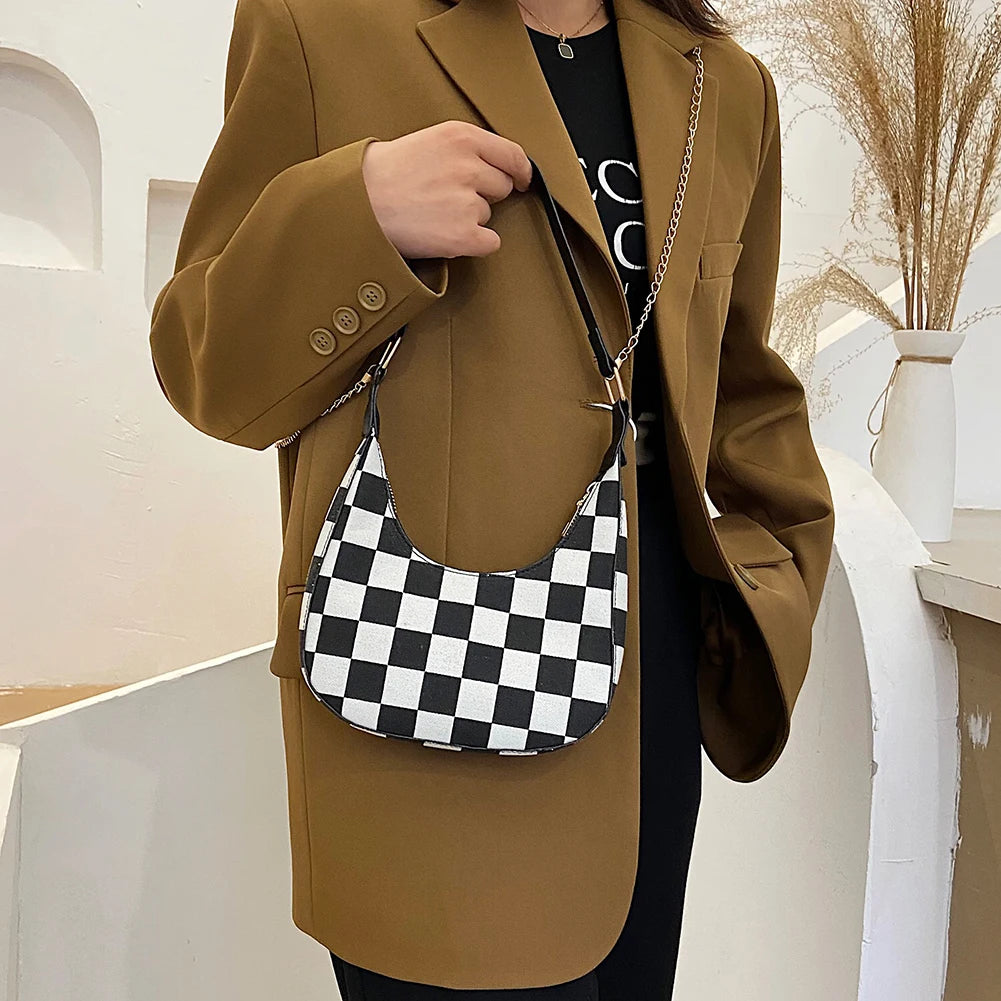 Women Pu Houndstooth Shoulder Bag Mini Casual Leather Zipper Chain