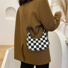 Women Pu Houndstooth Shoulder Bag Mini Casual Leather Zipper Chain